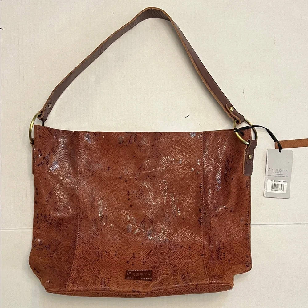 ASSOTS LONDON BROWN SNAKE FOIL PATTERN LEATHER HOBO TOTE BAG NEW
